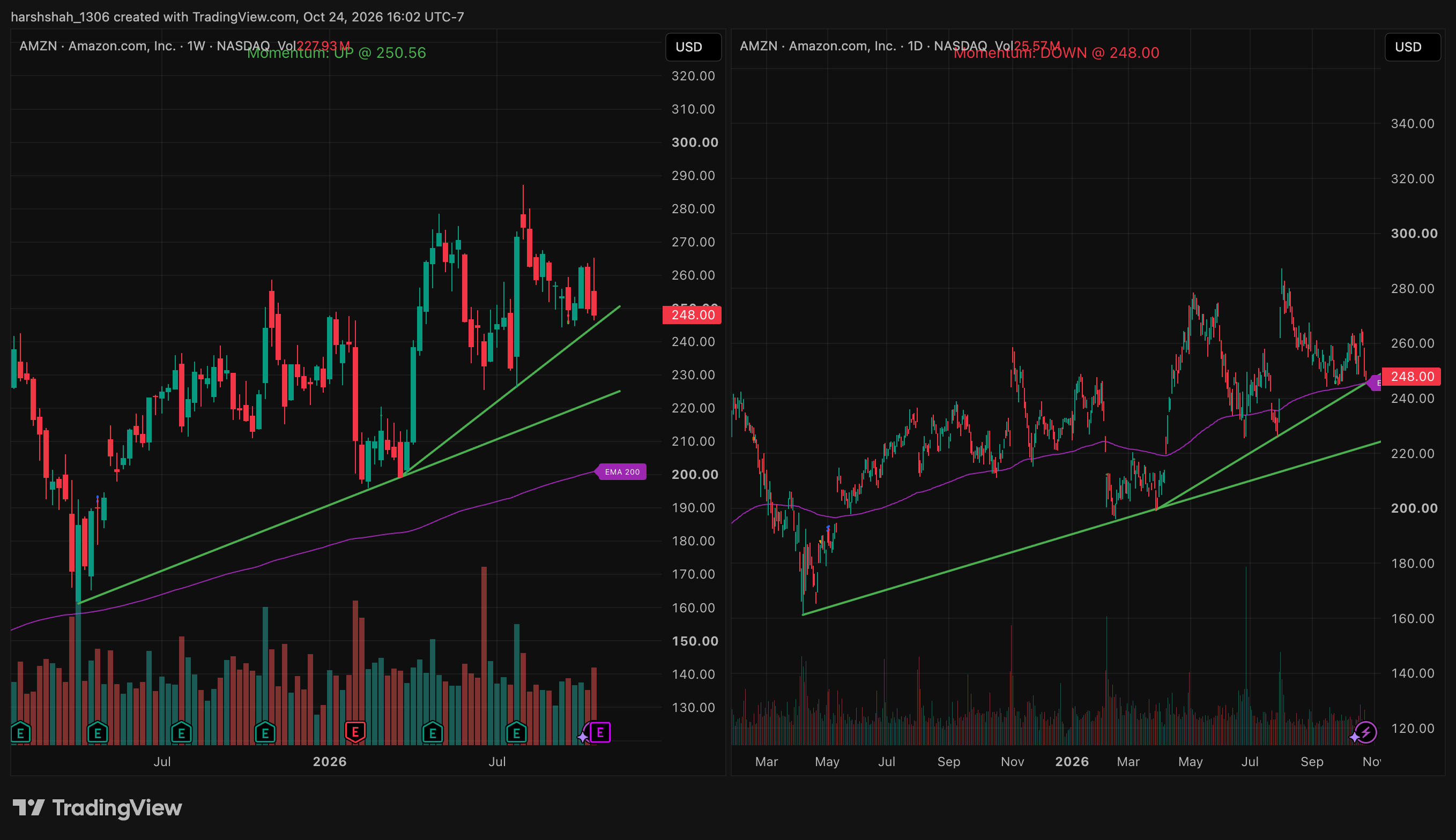 AMZN Horizontal Support chart with support and resistance levels, Oct 24, 2026